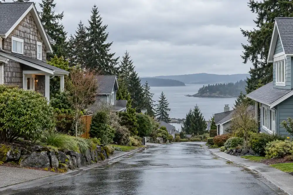 Quiet residential street with cedar houses, evergreen trees, wet pavement and a distant bay