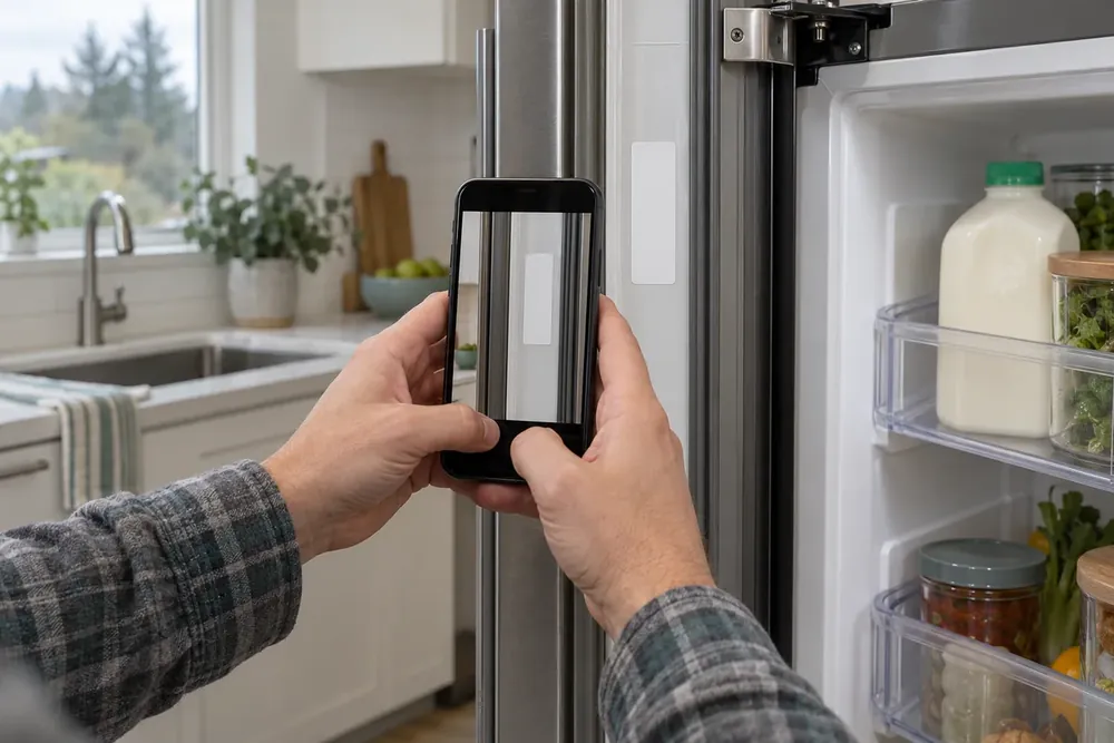 Hands holding a phone to photograph a model sticker inside a refrigerator door frame