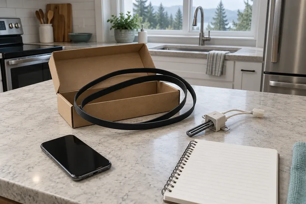Dryer belt and small igniter beside a phone and blank notepad on a kitchen counter