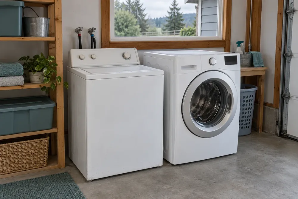 Older white top-load washer beside a newer front-load washer in a garage laundry corner