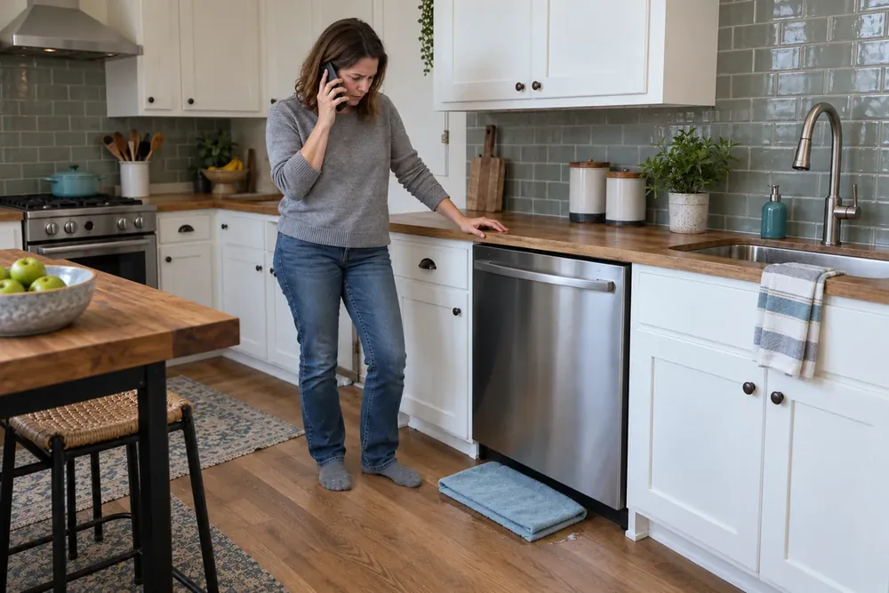 Homeowner on the phone looks down at a towel on the wet floor in front of the dishwasher