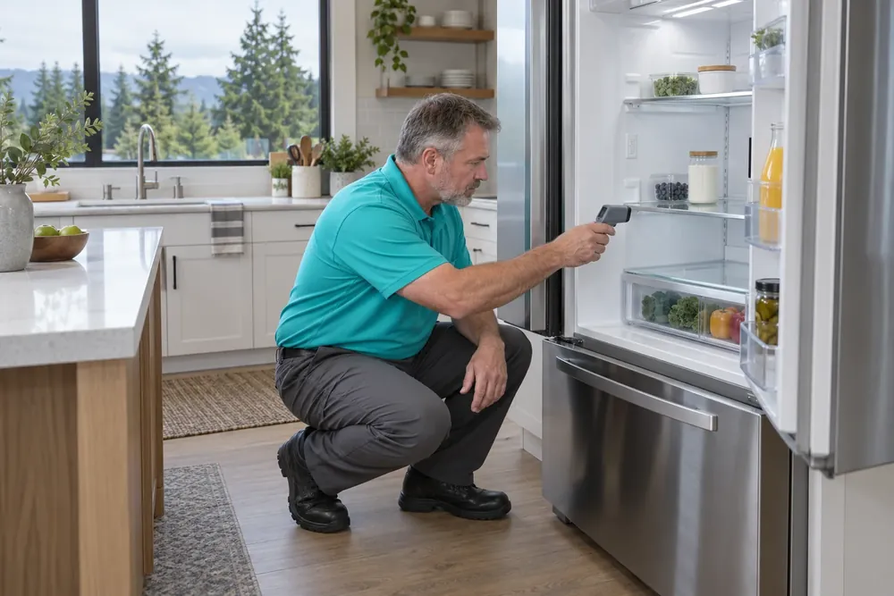 Technician checking a shelf temperature inside an open stainless refrigerator in a kitchen