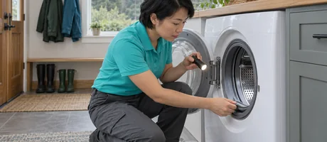 Technician checking a front-load washer door gasket with a flashlight in a laundry room