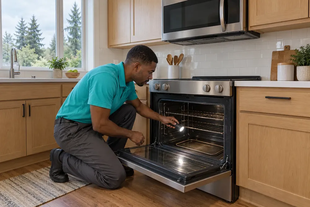 Technician shining a flashlight into an open oven below an over-the-range microwave