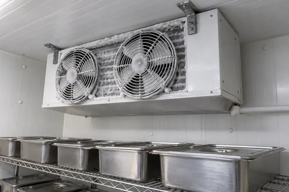 Frost-covered evaporator coil and fan guard above food containers inside a walk-in cooler