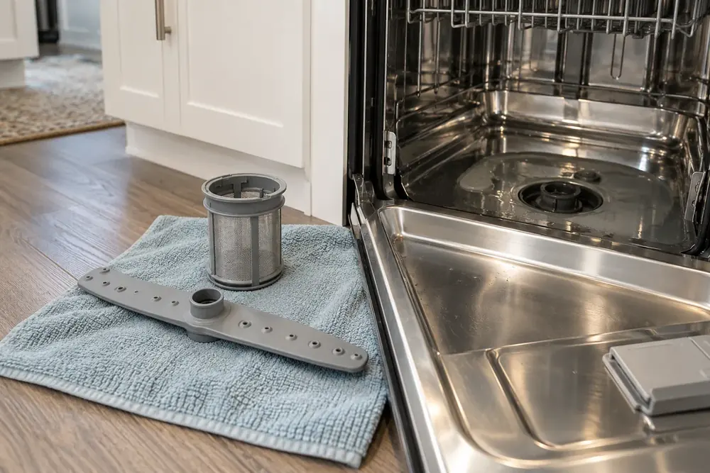 Dishwasher filter and spray arm on a towel beside an open tub containing standing water