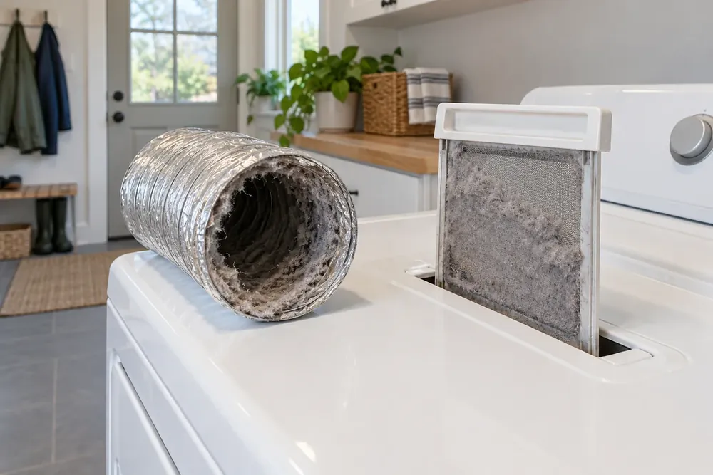 Partly withdrawn dryer lint screen beside a flexible foil vent duct containing lint buildup