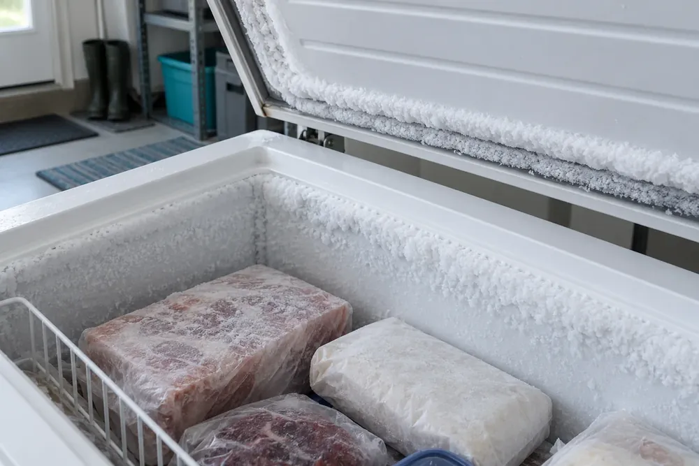 Frost along a chest freezer wall and lid seal above wrapped food packages