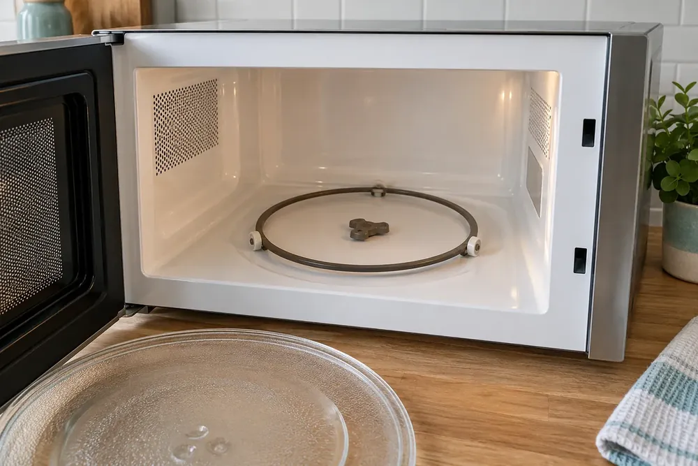 Microwave interior with turntable removed, exposing the roller ring and drive coupler