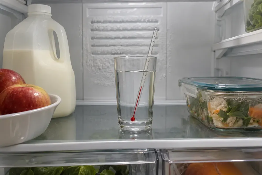 Thermometer in a glass of water on a refrigerator shelf, with frost on the back air vent