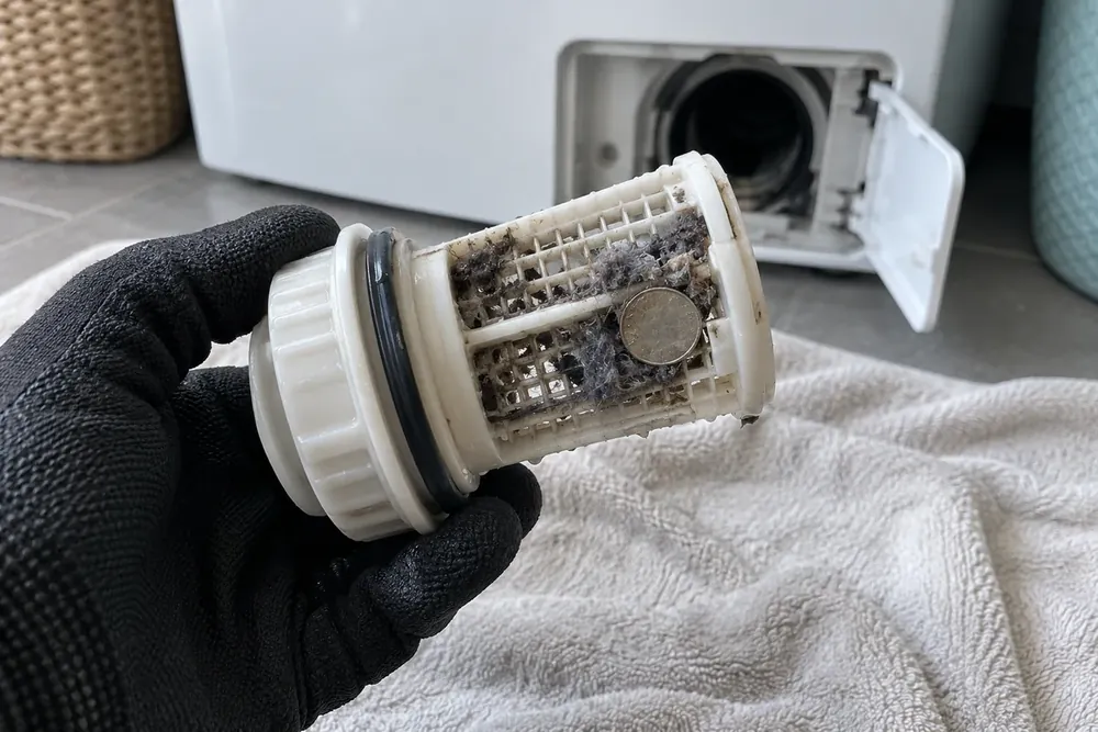 Gloved hand holding a washer drain pump filter with a coin and lint above a towel